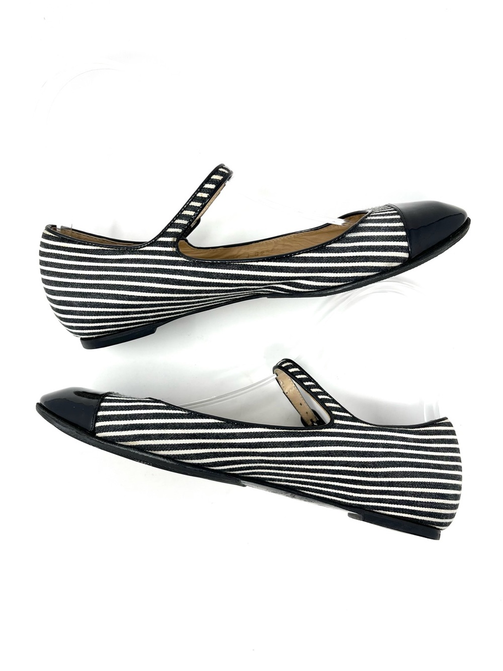 Vintage Vtg Chanel Mary Jane Ballet Flats Black White Striped Cap Toe CC Logo 37 - Picture 3 of 11